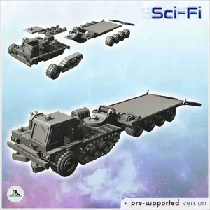 Futuristic transport truck with track, armored cab and ramp
