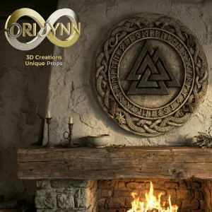 Valknut symbol with a ring of deeply carved Futhark runes