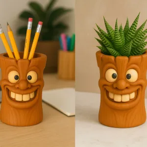 Painted Goofy face Log Pencil holder / Planter