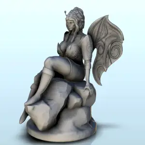 Double winged fairy on rock with antennas and long hair (cen