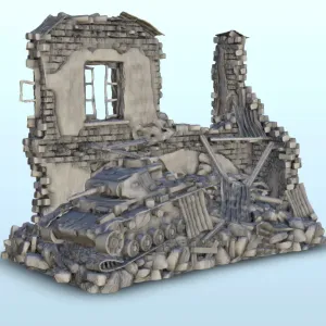 Ruin with Panzer III wreckage - terrain WW2 scenery mini