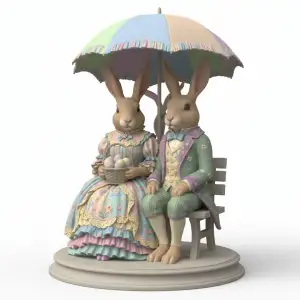 Easter Rabbits sitting on a bench under umbrella
