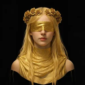 Golden Blindfolded Woman Bust with Rose Crown