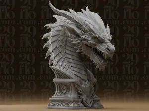 #440_2 Roaring Horned Dragon Head Fantasy Bust Statue