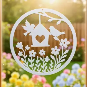Frühlingszauber: Vögel am Vogelhaus (Wand- & Fensterdeko)