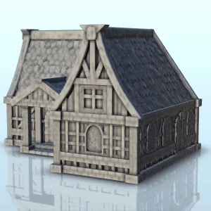 Medieval house in wood and stone with canopy and concave roo