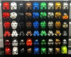 Bionicle Kanohi and Krana mask exhibition boards
