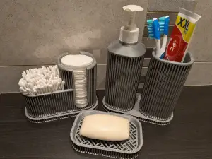 Ribbed Toothbrush Cup and Soap Dispenser with Stand