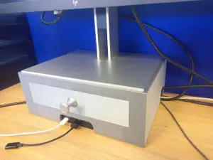 Monitor stand with drawer and space for Dell docking station