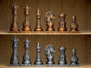 Ornate Baroque Style Complete Chess Pieces Set - Detailed Fi