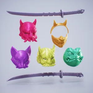 Cosplay Oriental Masks pack x 5 Plus Heavy Katana