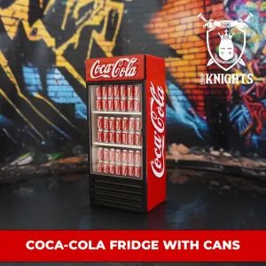 Miniature Coca -Cola fridge with soda cans and labels