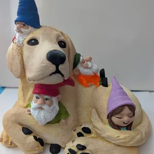 Dog Chilling with Gnomes