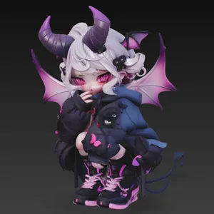 A girl with horns and wings sits