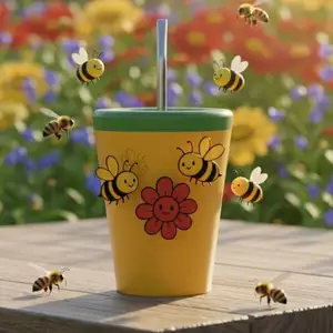 Tarro con diseño de flores y abejas